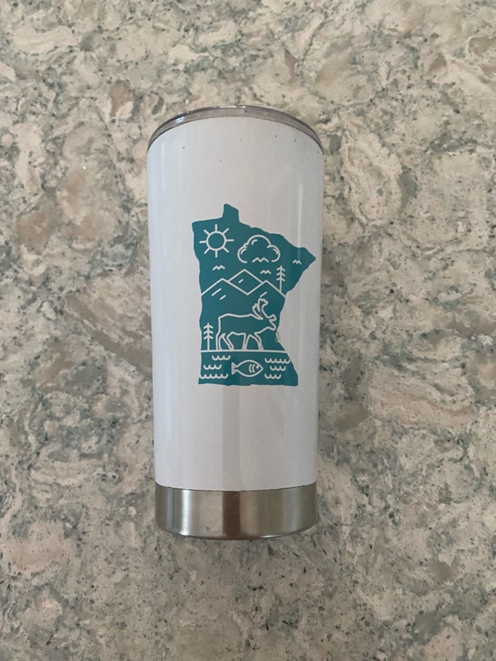 Caribou Coffee White Insulated Tumbler with Teal Minnesota Nature Design
